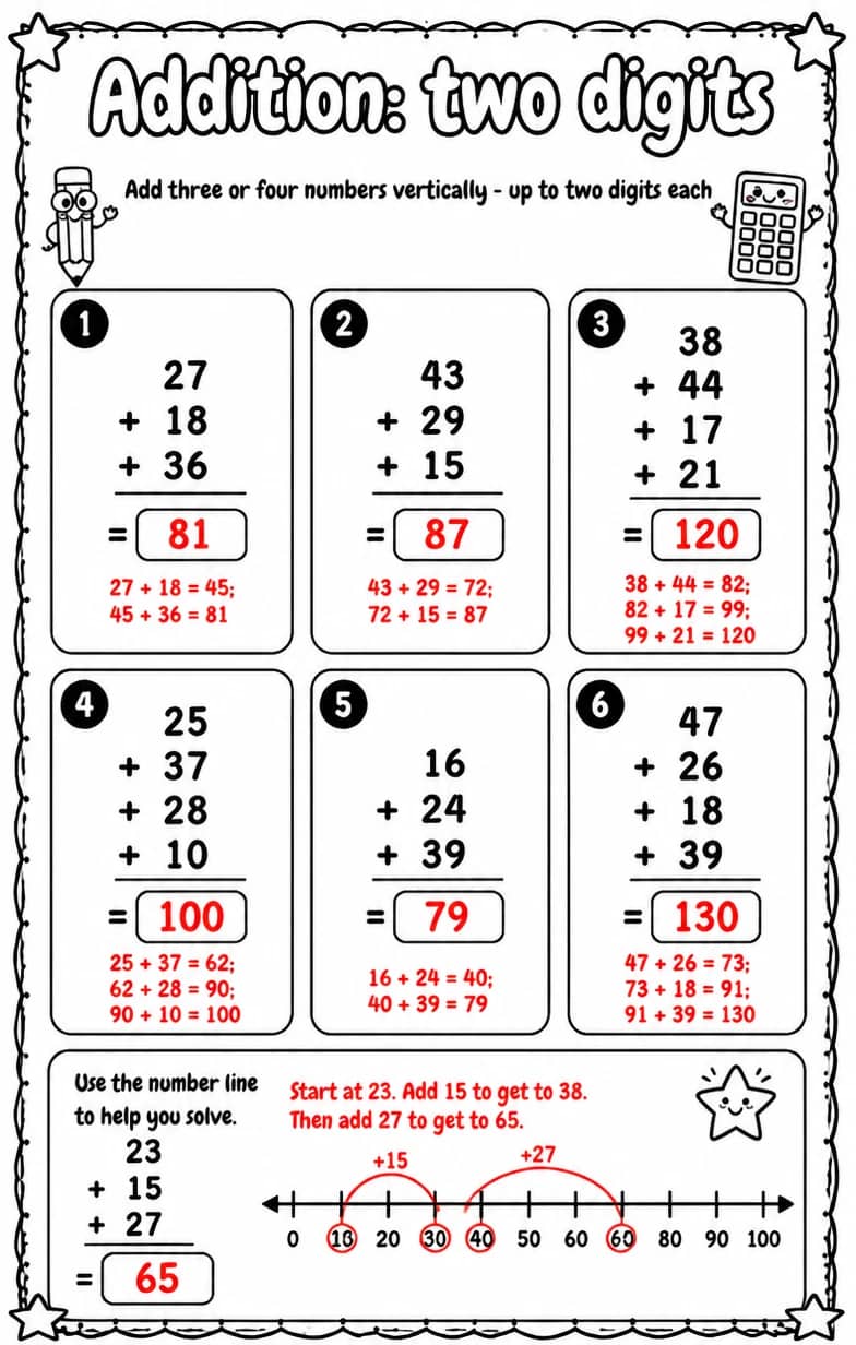 Answer key for Add three or four numbers vertically - up to two digits each — free printable Math worksheet