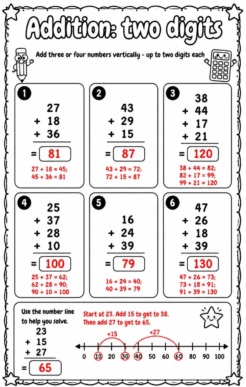 Answer key for Add three or four numbers vertically - up to two digits each — free printable Math worksheet