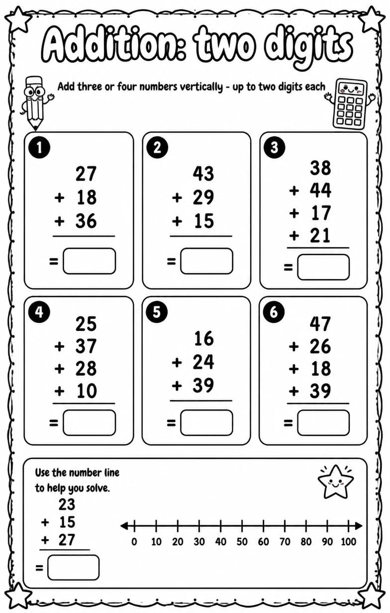Add three or four numbers vertically - up to two digits each — free printable Grade 2 Math worksheet