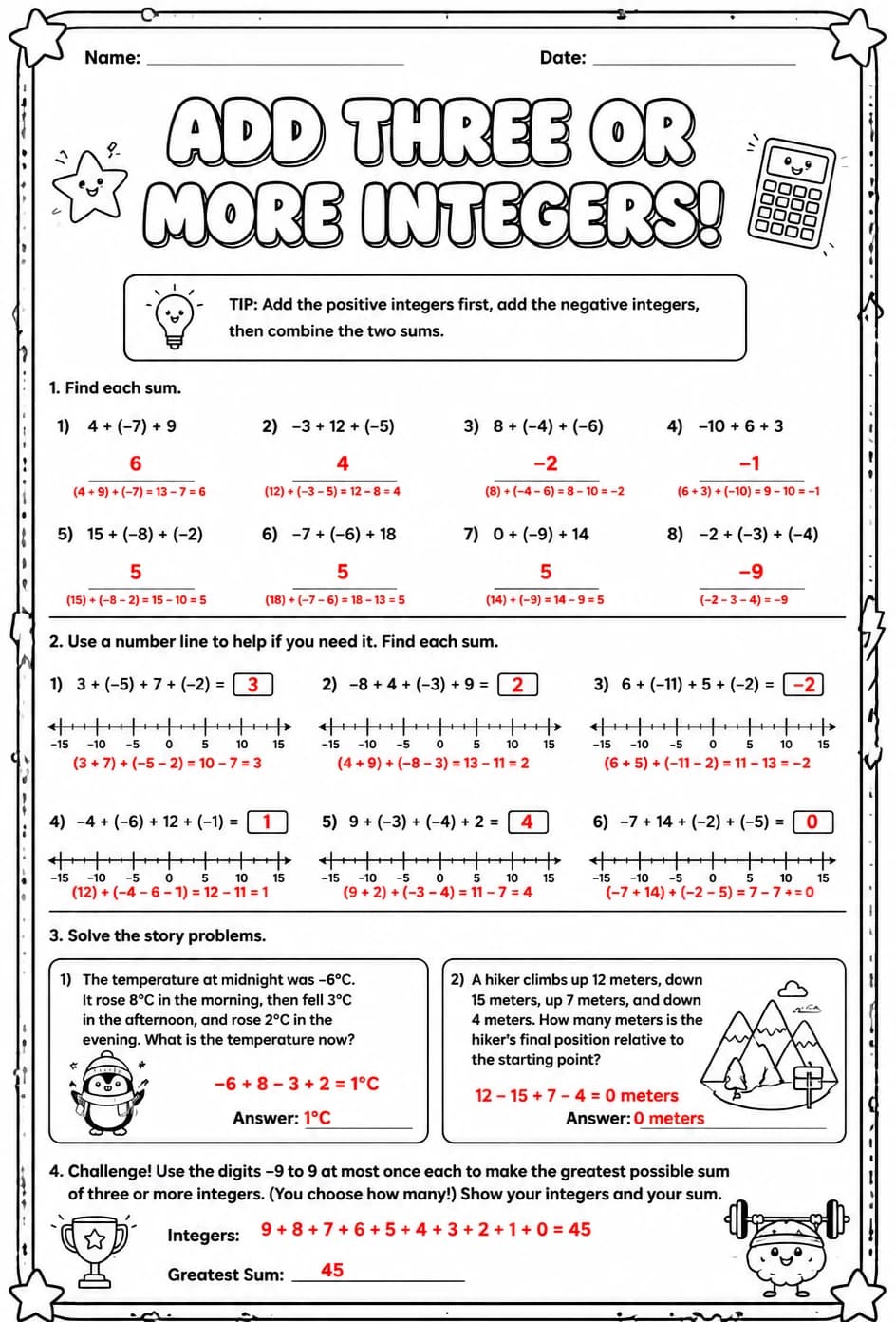 Answer key for Add three or more integers — free printable Math worksheet