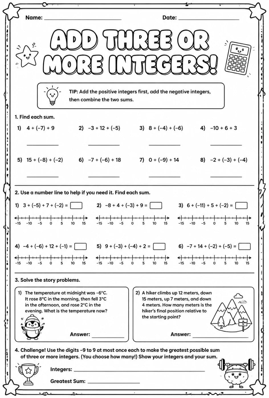 Add three or more integers — free printable Grade 6 math worksheet