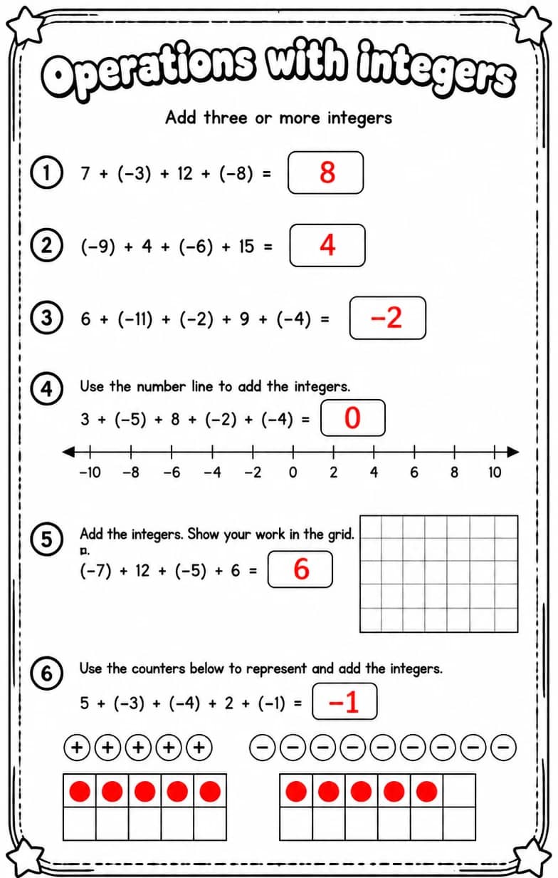 Answer key for Add three or more integers — free printable Math worksheet