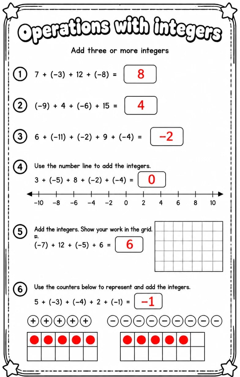 Answer key for Add three or more integers — free printable Math worksheet