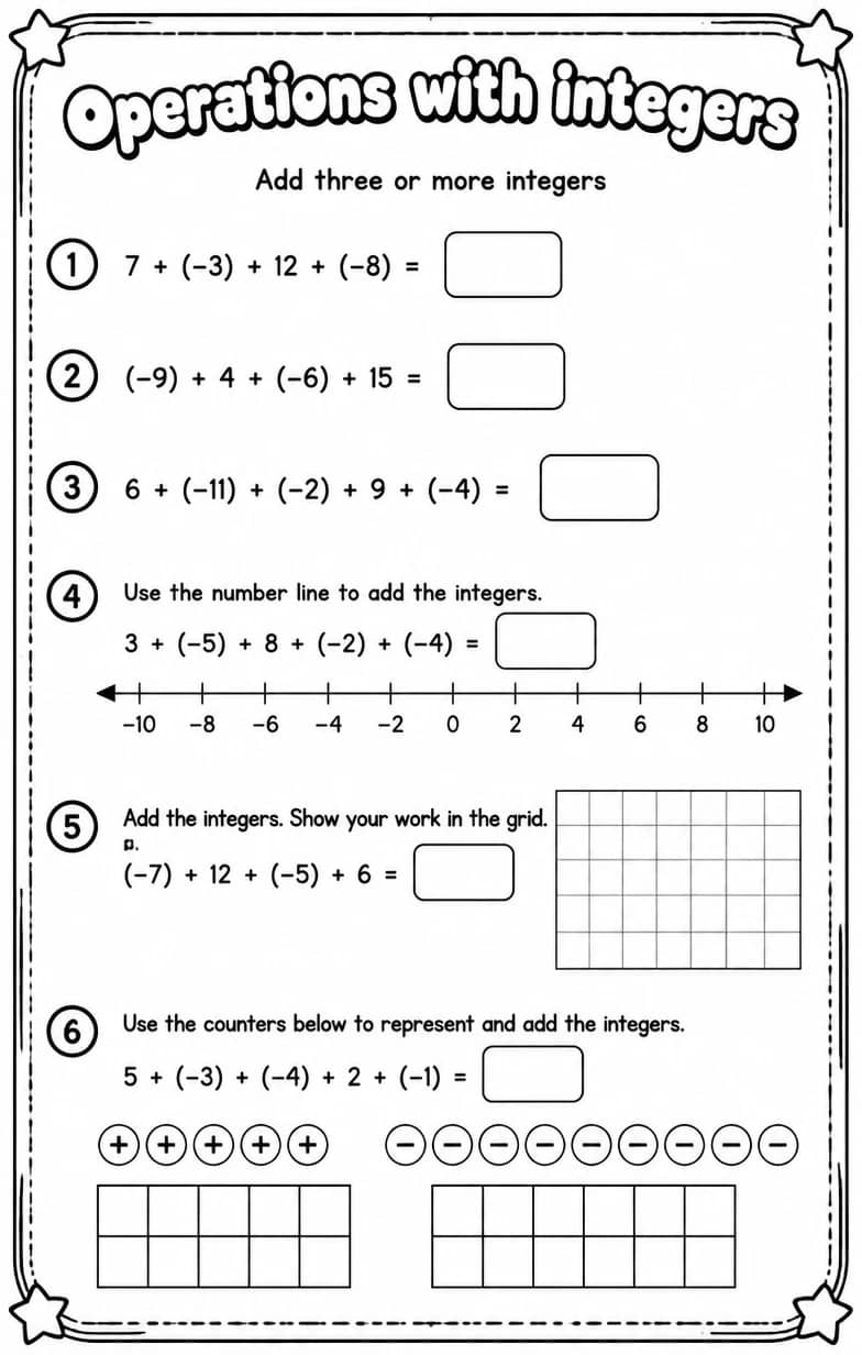 Add three or more integers — free printable Grade 7 math worksheet