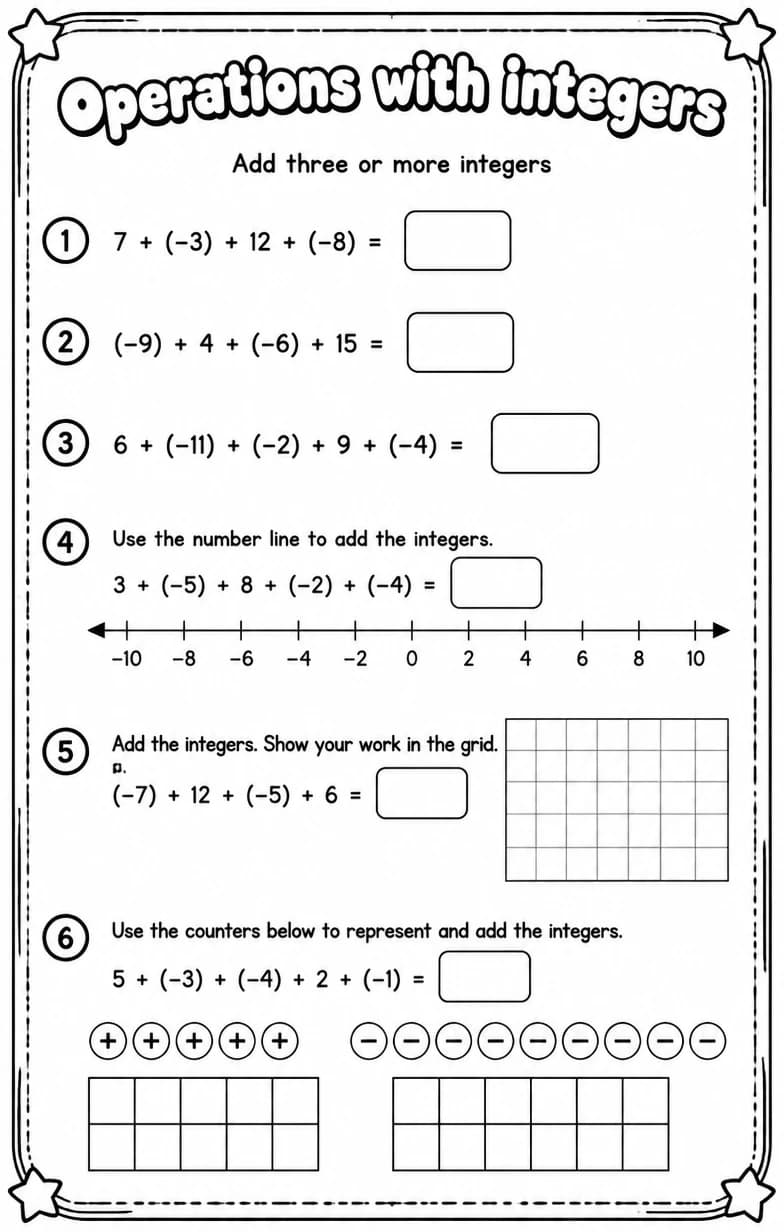 Add three or more integers — free printable Grade 7 math worksheet