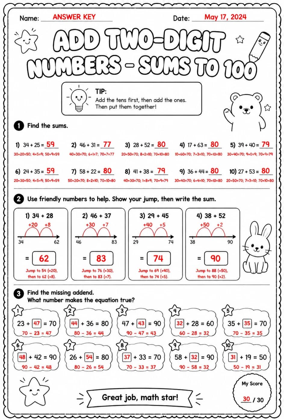 Answer key for Add two-digit numbers - sums to 100 — free printable Math worksheet