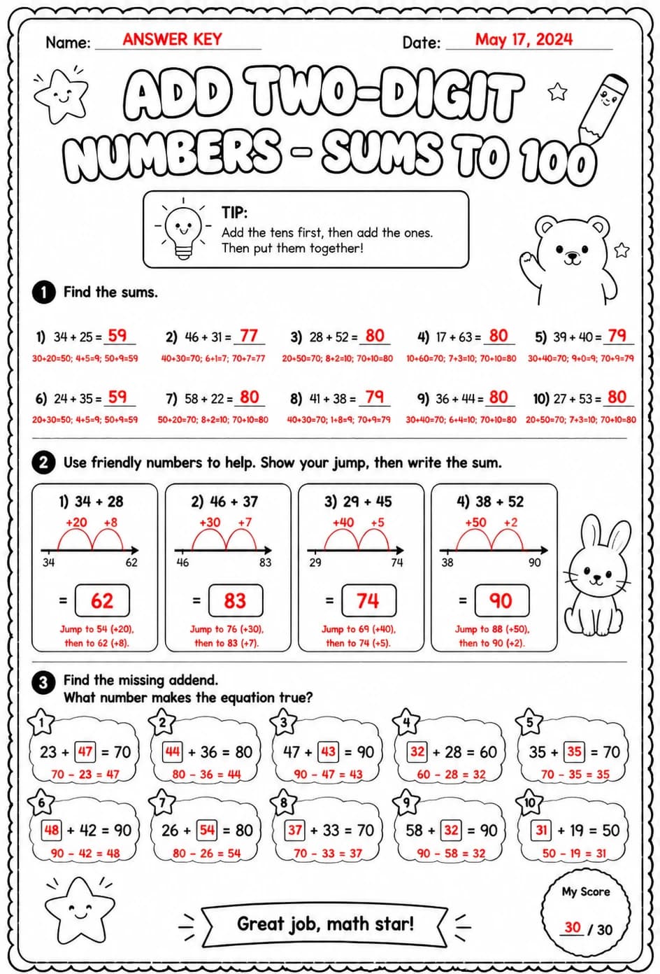 Answer key for Add two-digit numbers - sums to 100 — free printable Math worksheet