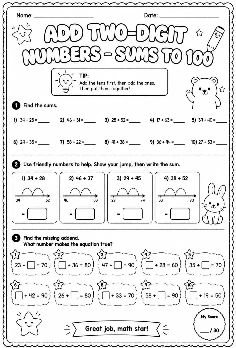 Add two-digit numbers - sums to 100 — free printable Grade 2 math worksheet