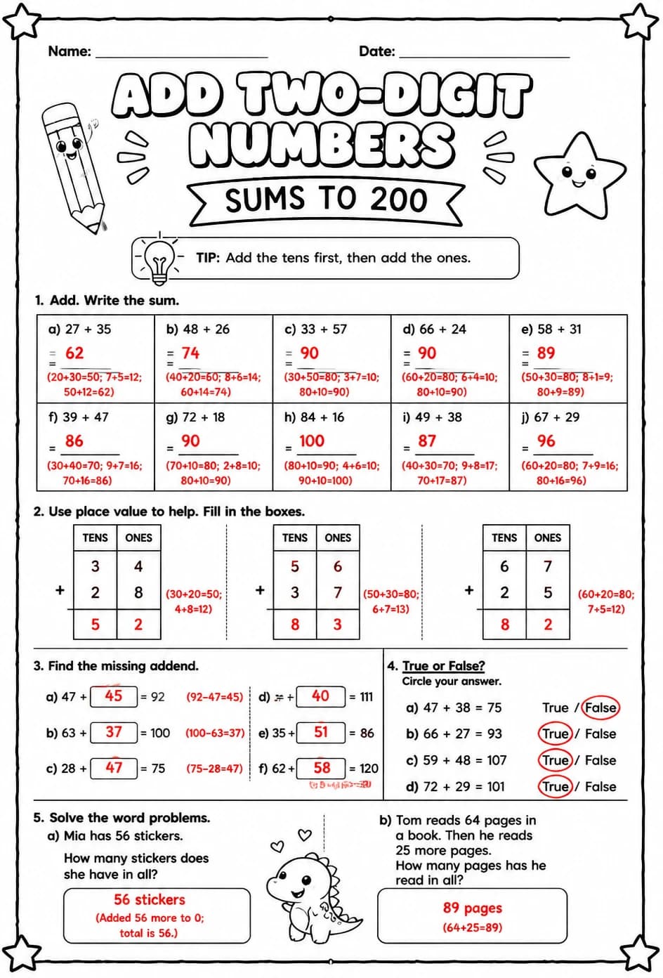 Answer key for Add two-digit numbers - sums to 200 — free printable Math worksheet