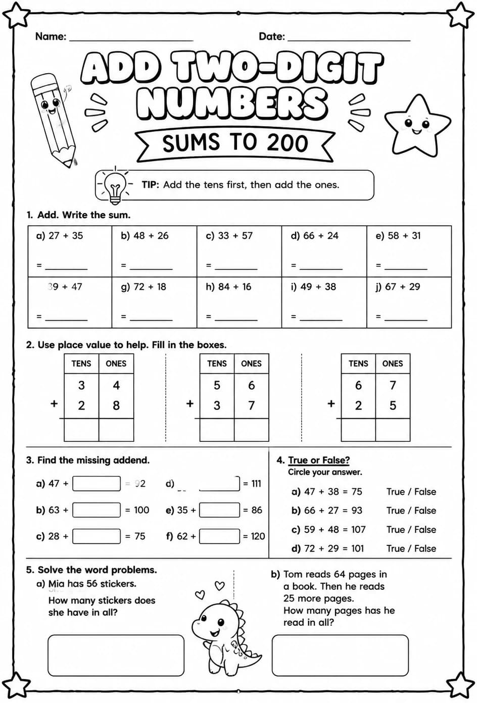 Add two-digit numbers - sums to 200 — free printable Grade 2 math worksheet
