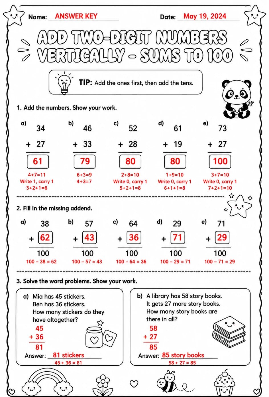 Answer key for Add two-digit numbers vertically - sums to 100 — free printable Math worksheet