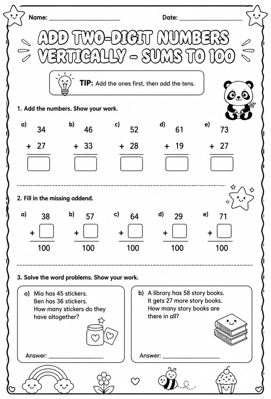 Add two-digit numbers vertically - sums to 100 — free printable Grade 2 math worksheet