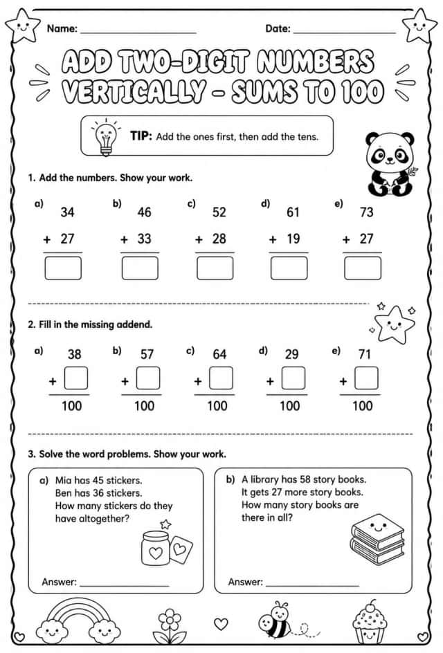 Add two-digit numbers vertically - sums to 100