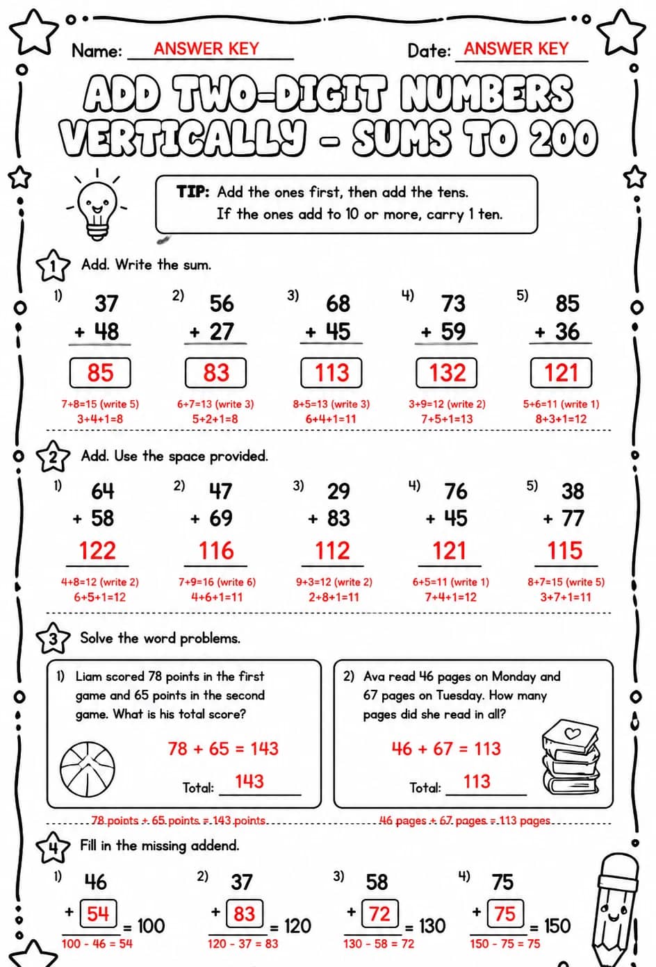 Answer key for Add two-digit numbers vertically - sums to 200 — free printable Math worksheet