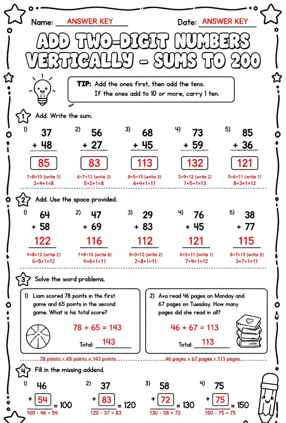 Answer key for Add two-digit numbers vertically - sums to 200 — free printable Math worksheet