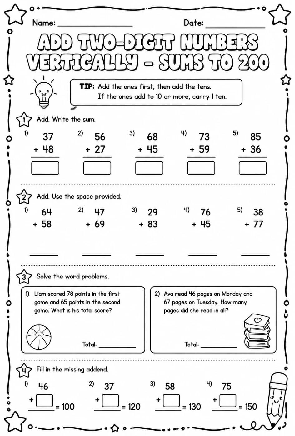 Add two-digit numbers vertically - sums to 200 — free printable Grade 2 math worksheet