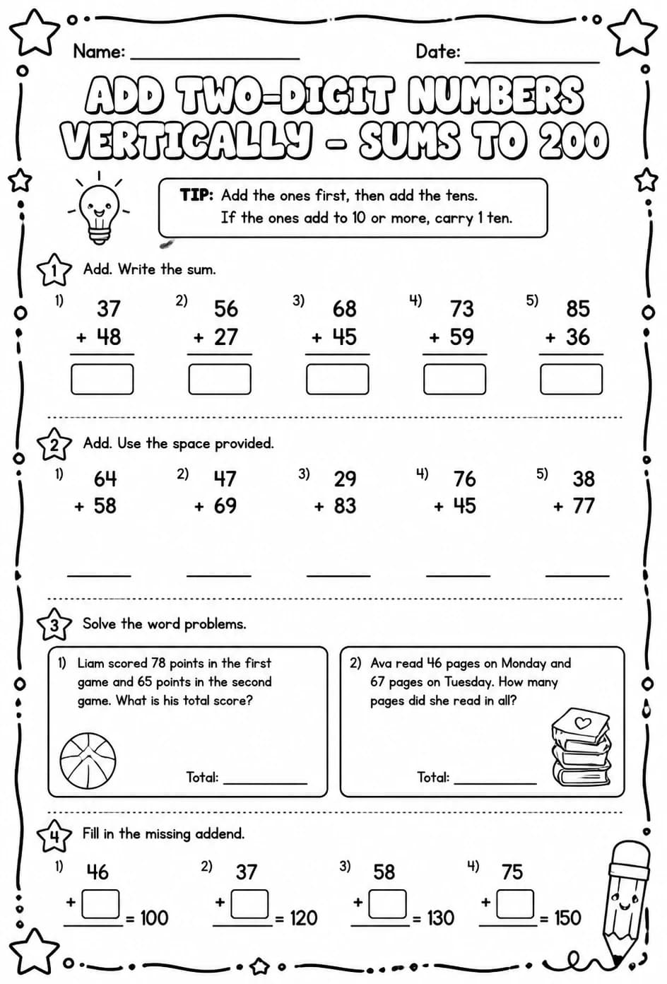 Add two-digit numbers vertically - sums to 200 — free printable Grade 2 math worksheet