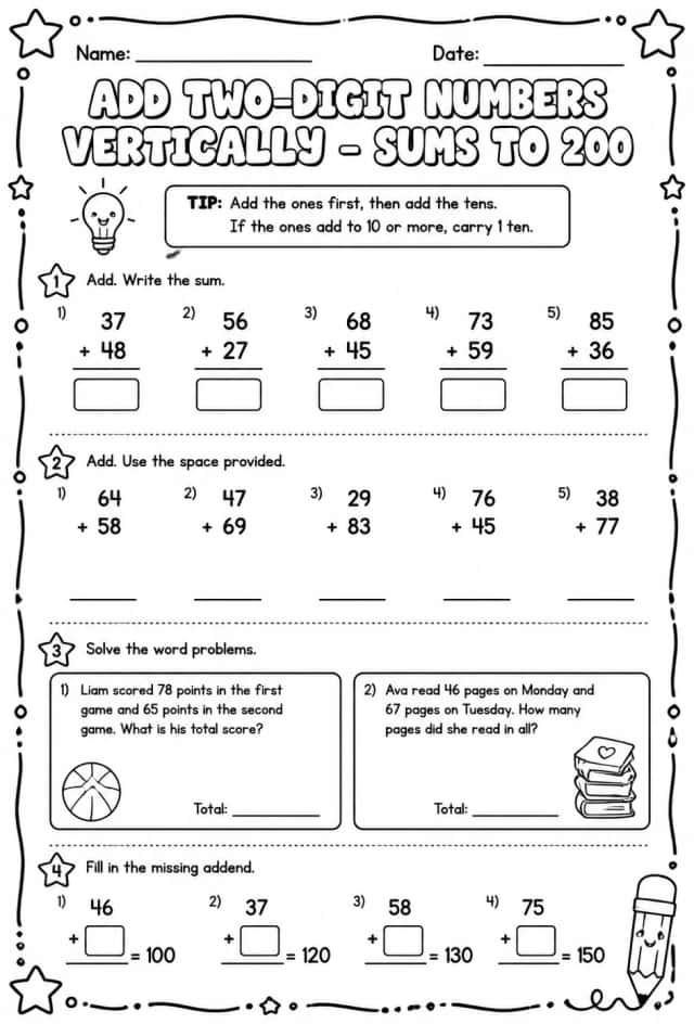 Add two-digit numbers vertically - sums to 200