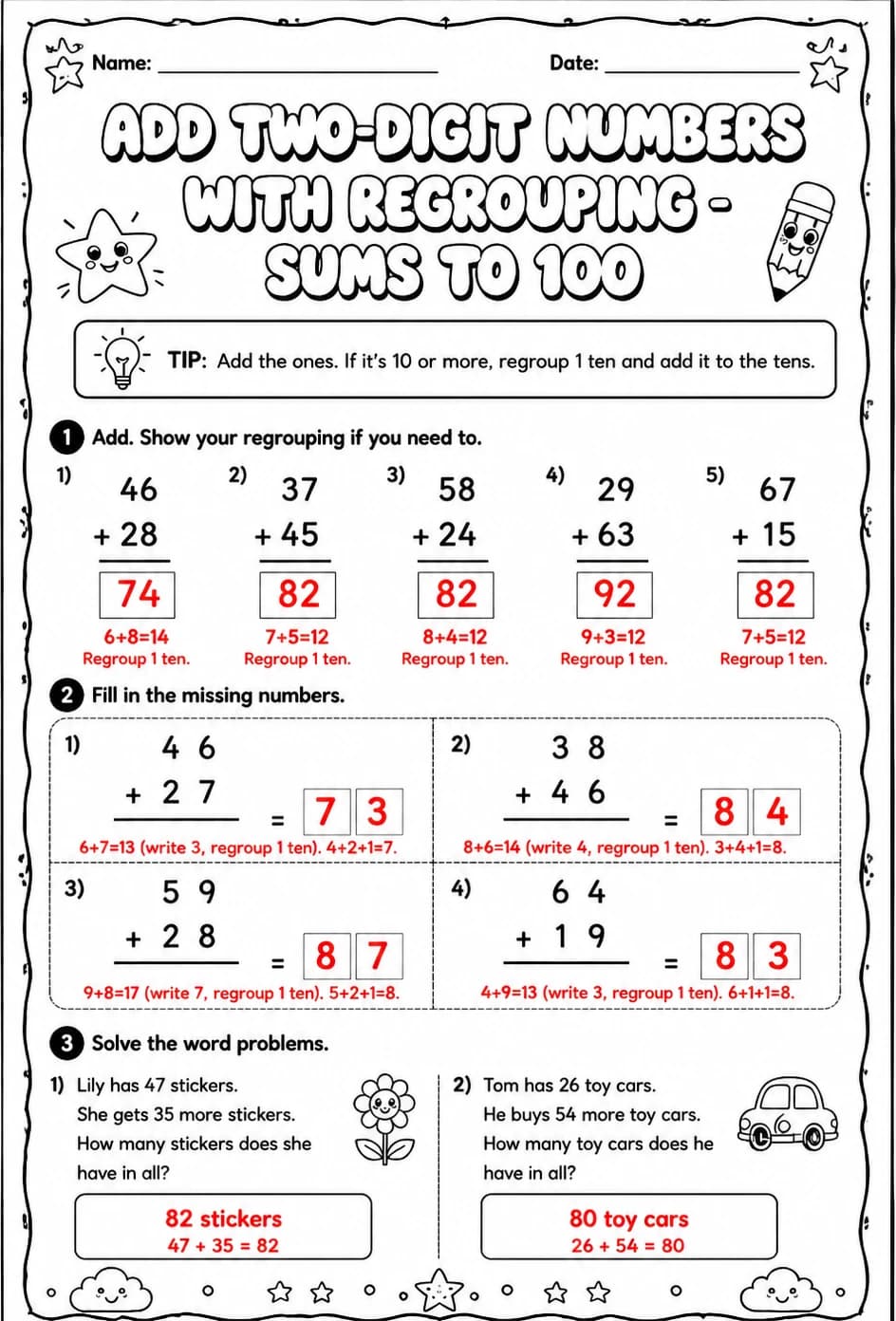Answer key for Add two-digit numbers with regrouping - sums to 100 — free printable Math worksheet