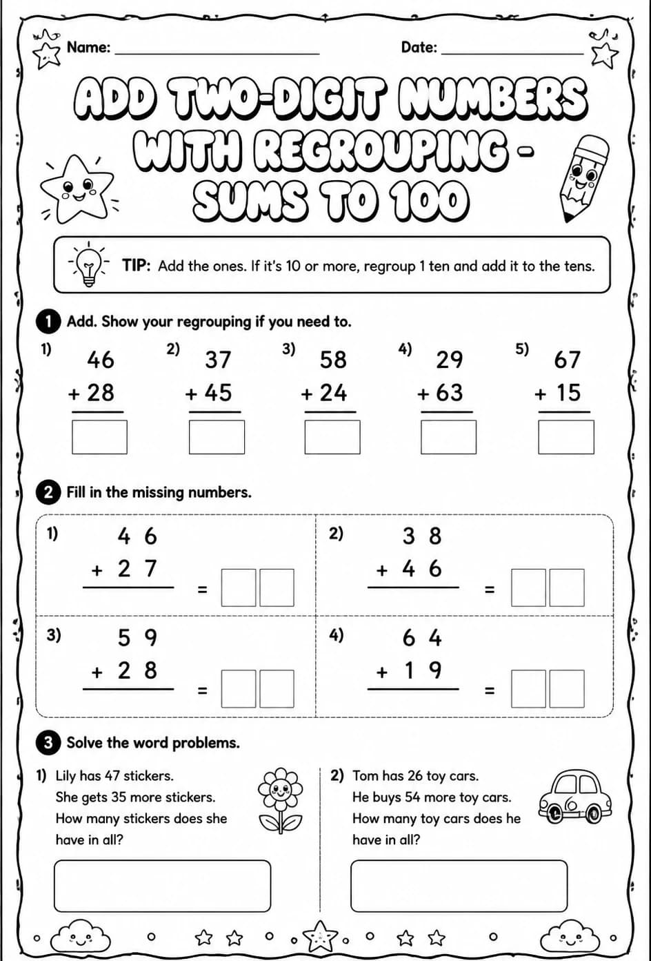 Add two-digit numbers with regrouping - sums to 100 — free printable Grade 1 math worksheet