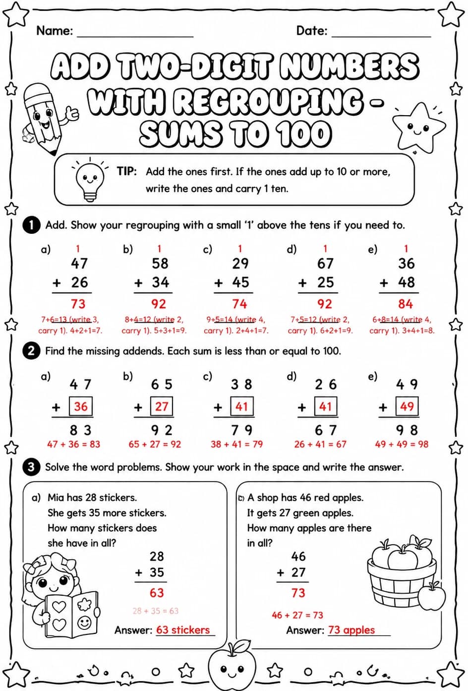 Answer key for Add two-digit numbers with regrouping - sums to 100 — free printable Math worksheet