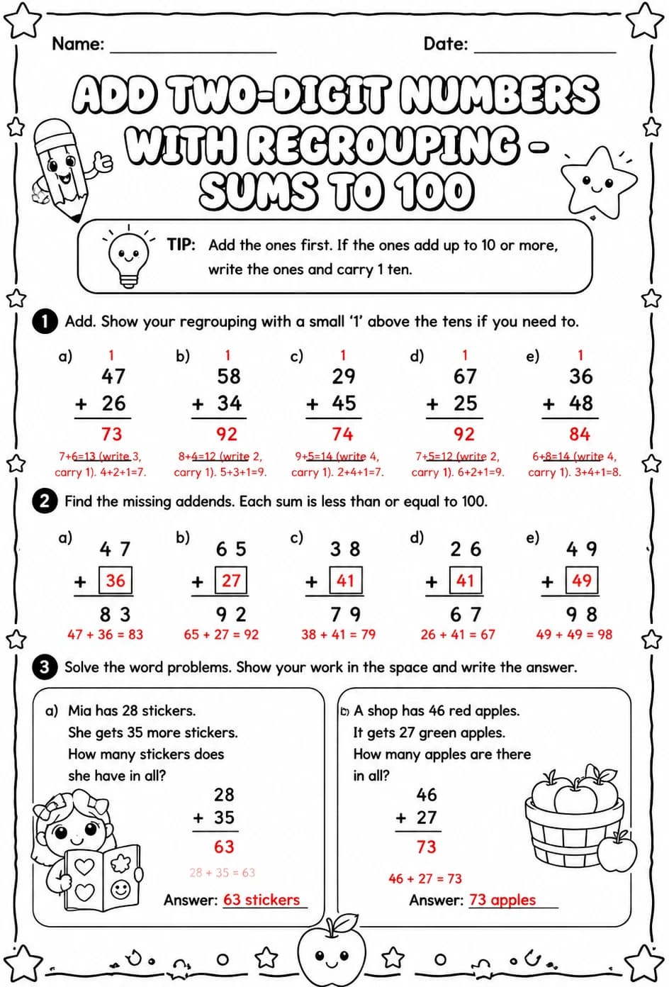 Answer key for Add two-digit numbers with regrouping - sums to 100 — free printable Math worksheet