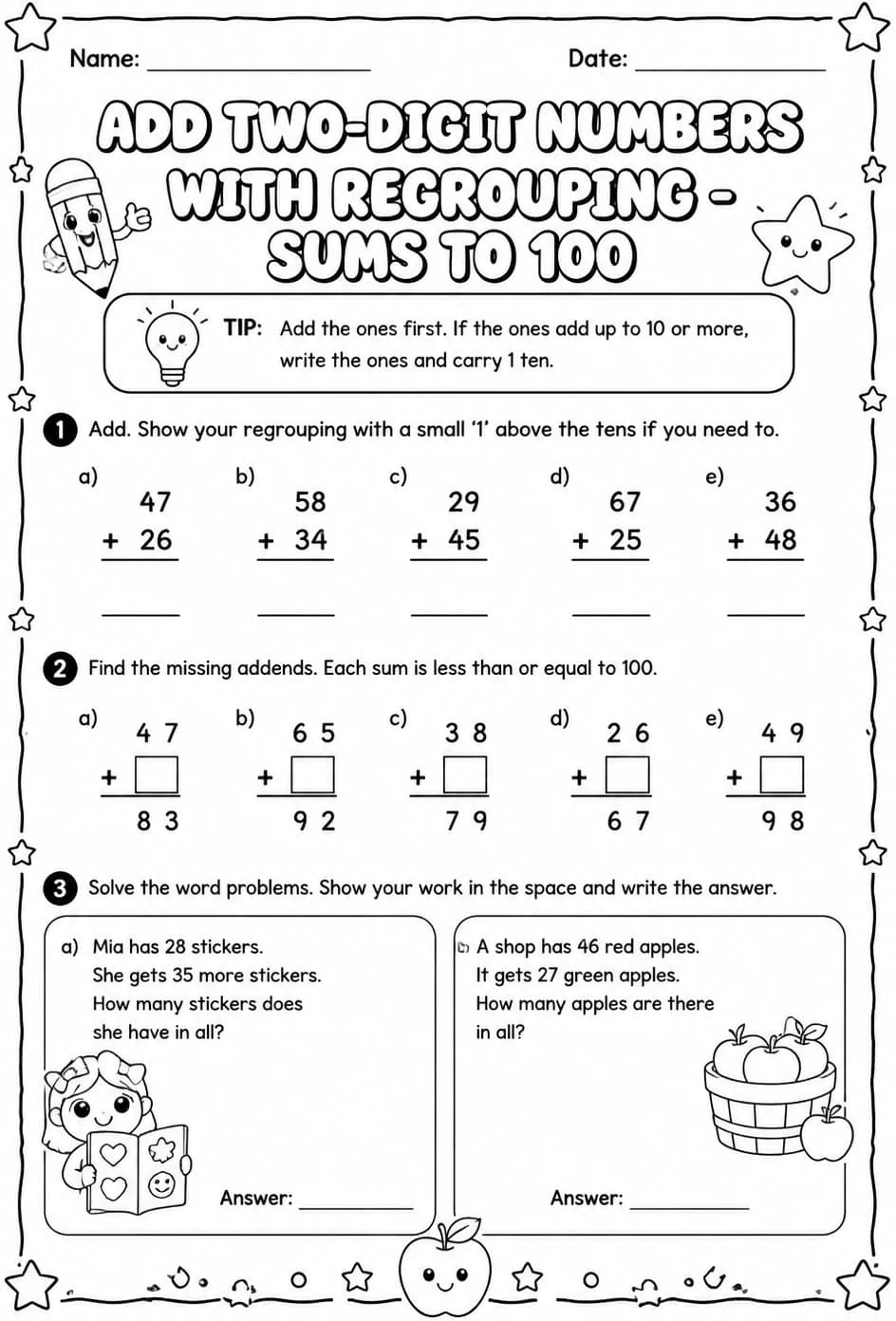 Add two-digit numbers with regrouping - sums to 100 — free printable Grade 2 math worksheet