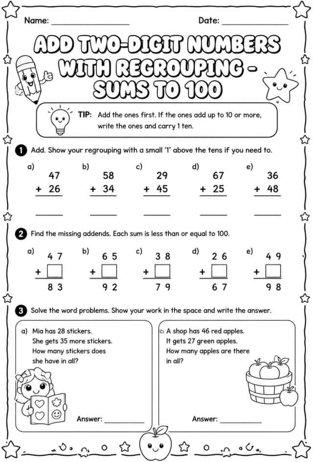 Add two-digit numbers with regrouping - sums to 100