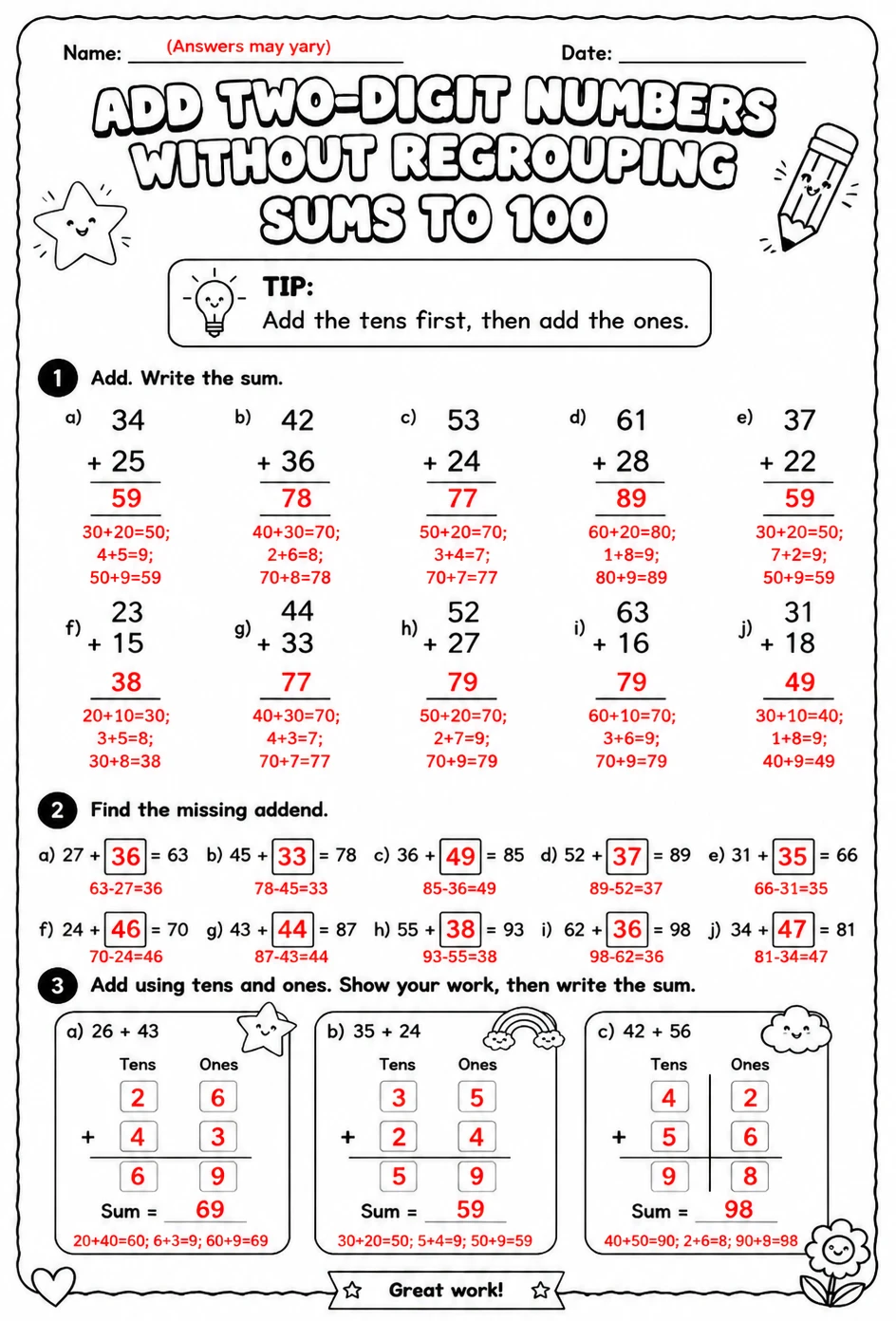 Answer key for Add two-digit numbers without regrouping - sums to 100 — free printable Math worksheet