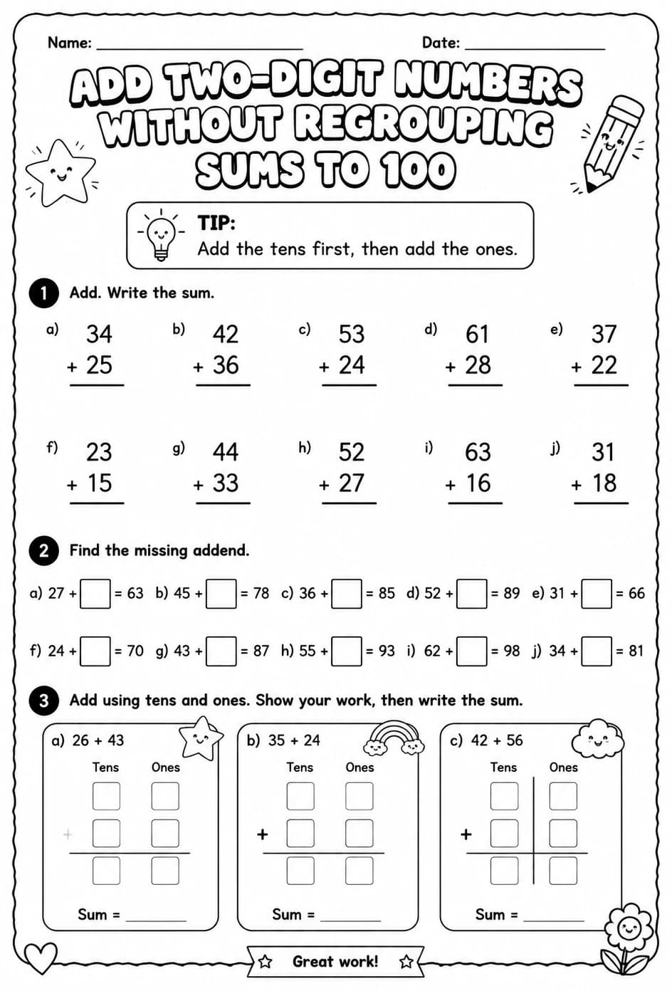 Add two-digit numbers without regrouping - sums to 100 — free printable Grade 1 math worksheet
