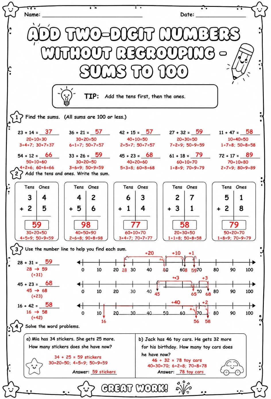 Answer key for Add two-digit numbers without regrouping - sums to 100 — free printable Math worksheet