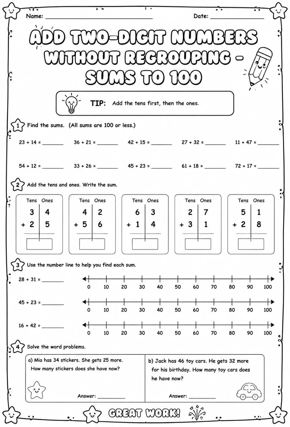 Add two-digit numbers without regrouping - sums to 100 — free printable Grade 2 math worksheet