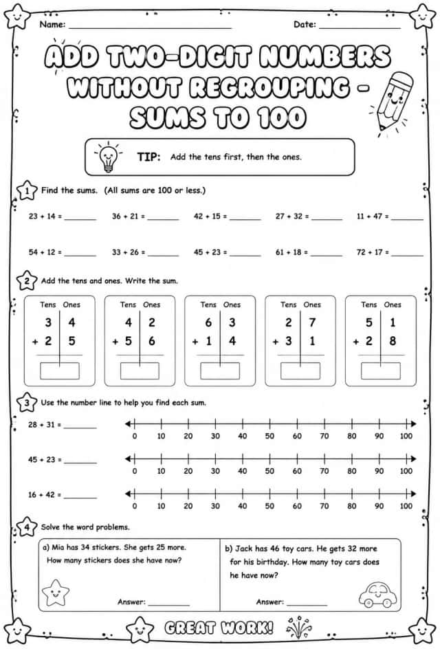 Add two-digit numbers without regrouping - sums to 100