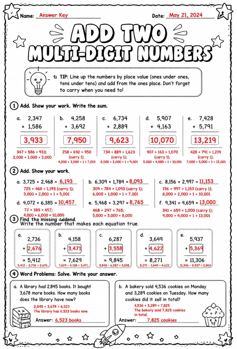 Answer key for Add two multi-digit numbers — free printable Math worksheet
