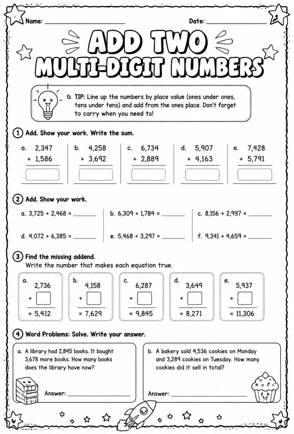 Add two multi-digit numbers — free printable Grade 4 math worksheet