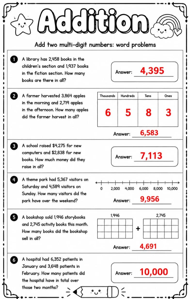 Answer key for Add two multi-digit numbers: word problems — free printable Math worksheet