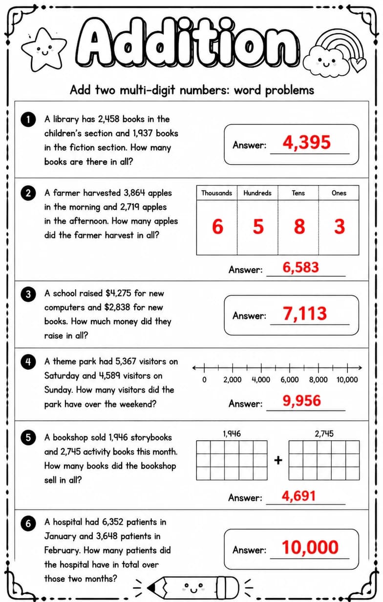 Answer key for Add two multi-digit numbers: word problems — free printable Math worksheet