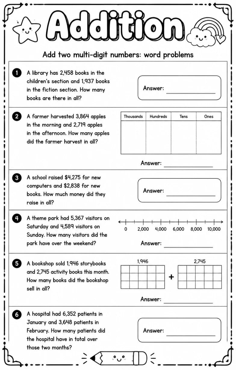 Add two multi-digit numbers: word problems — free printable Grade 4 math worksheet