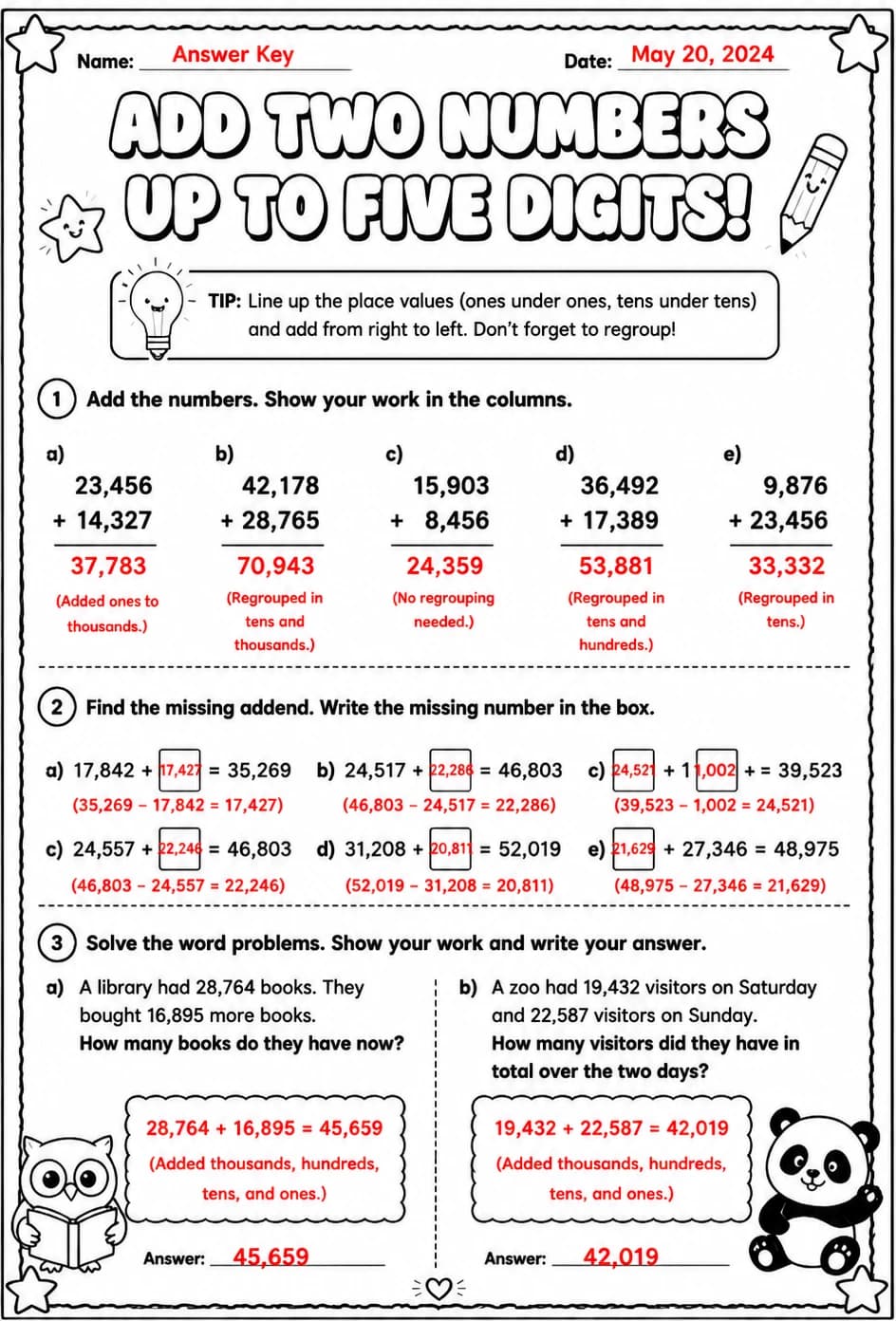 Answer key for Add two numbers up to five digits — free printable Math worksheet
