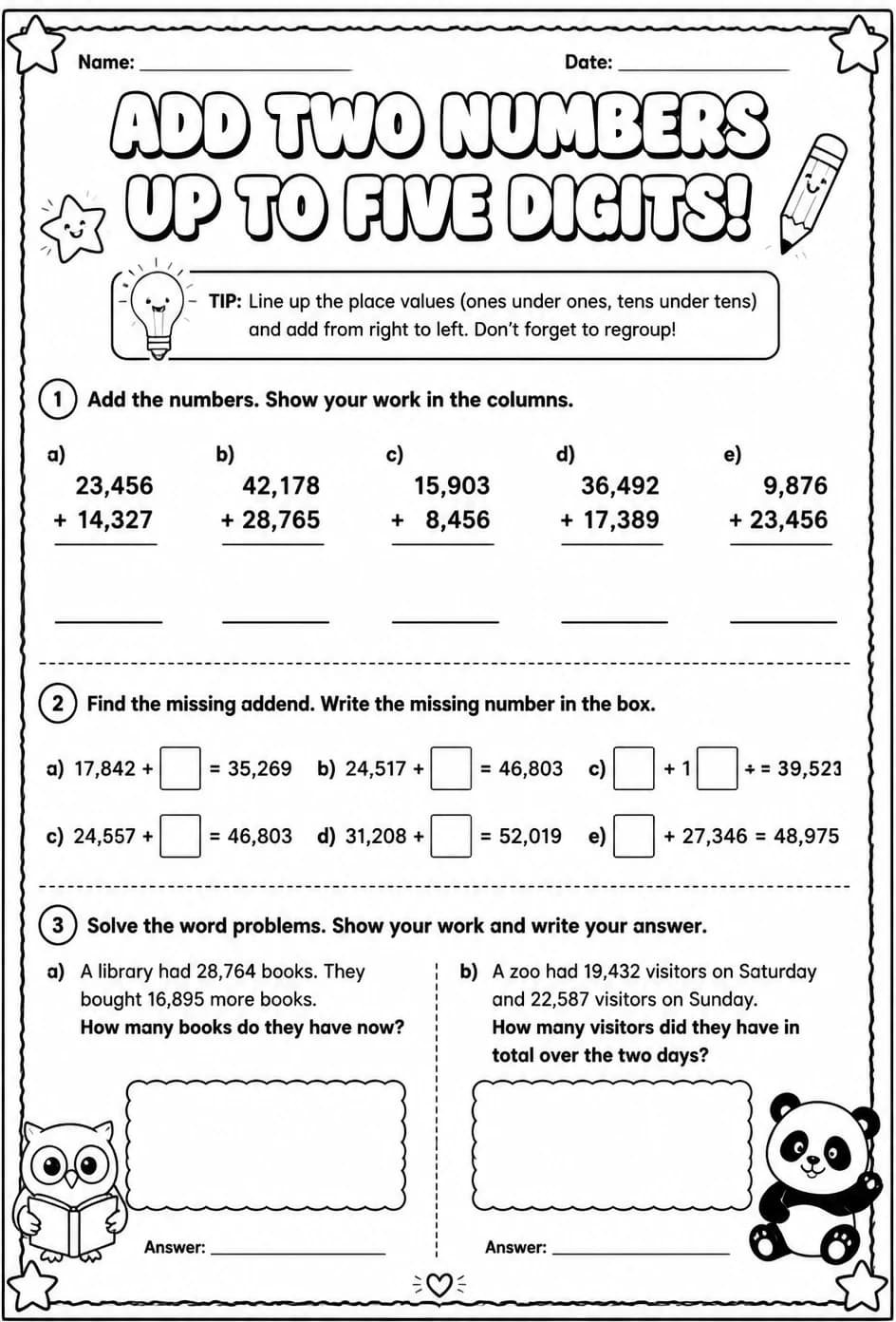 Add two numbers up to five digits — free printable Grade 3 math worksheet