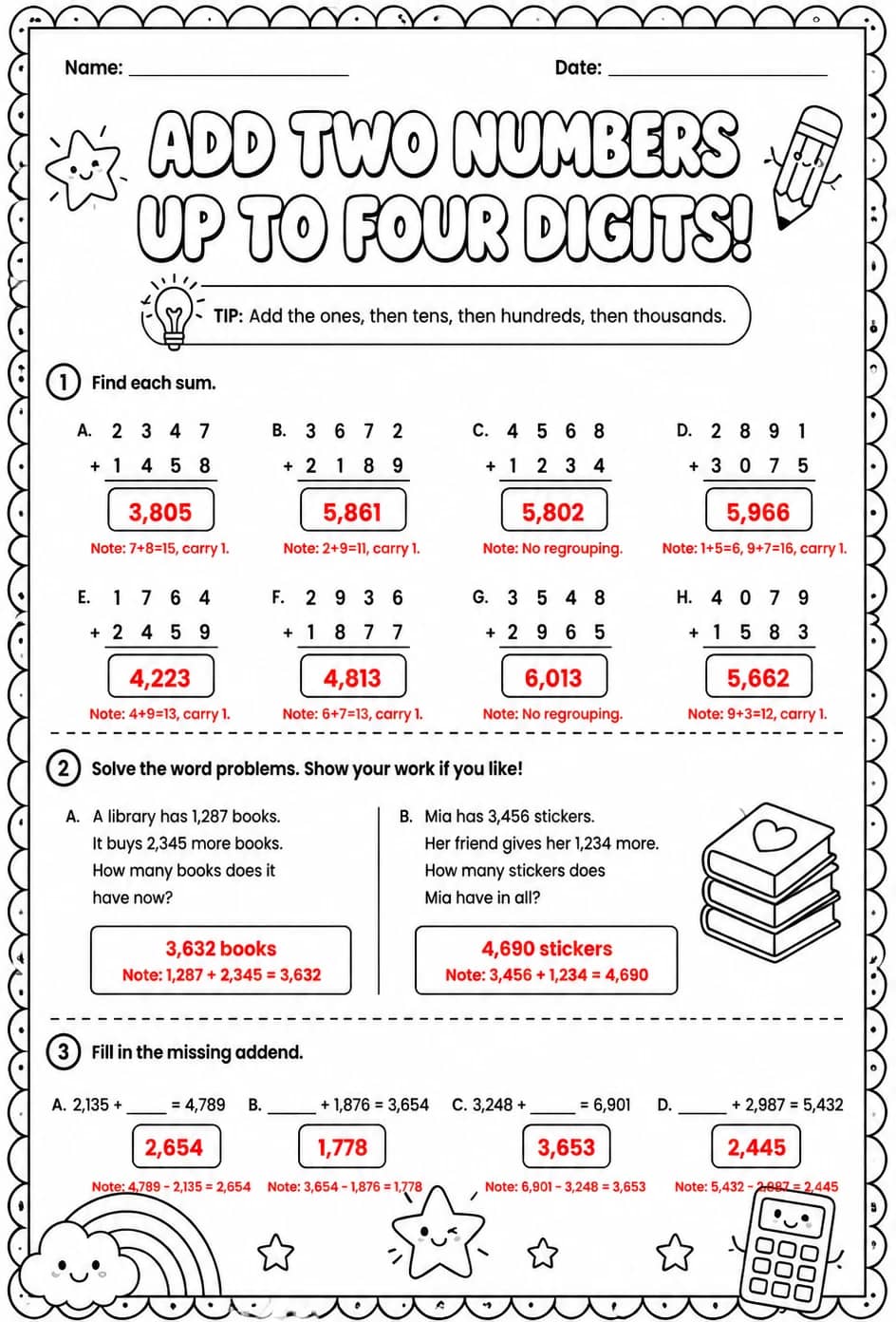 Answer key for Add two numbers up to four digits — free printable Math worksheet