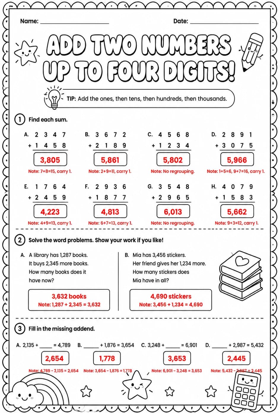 Answer key for Add two numbers up to four digits — free printable Math worksheet