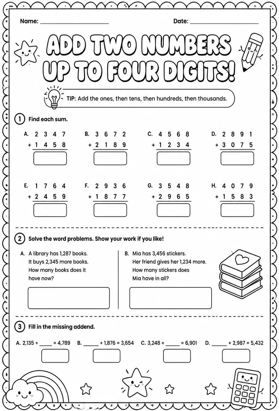 Add two numbers up to four digits — free printable Grade 3 math worksheet