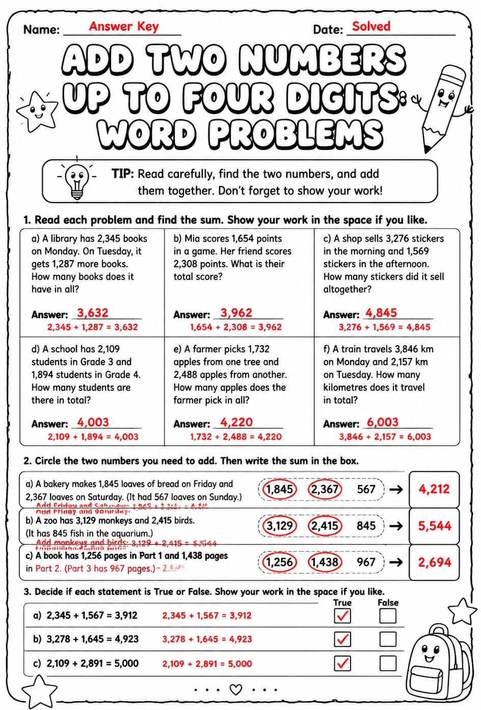 Answer key for Add two numbers up to four digits: word problems — free printable Math worksheet