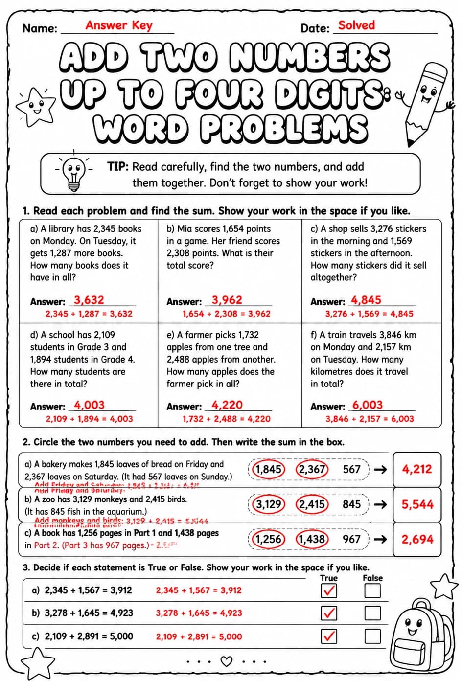 Answer key for Add two numbers up to four digits: word problems — free printable Math worksheet