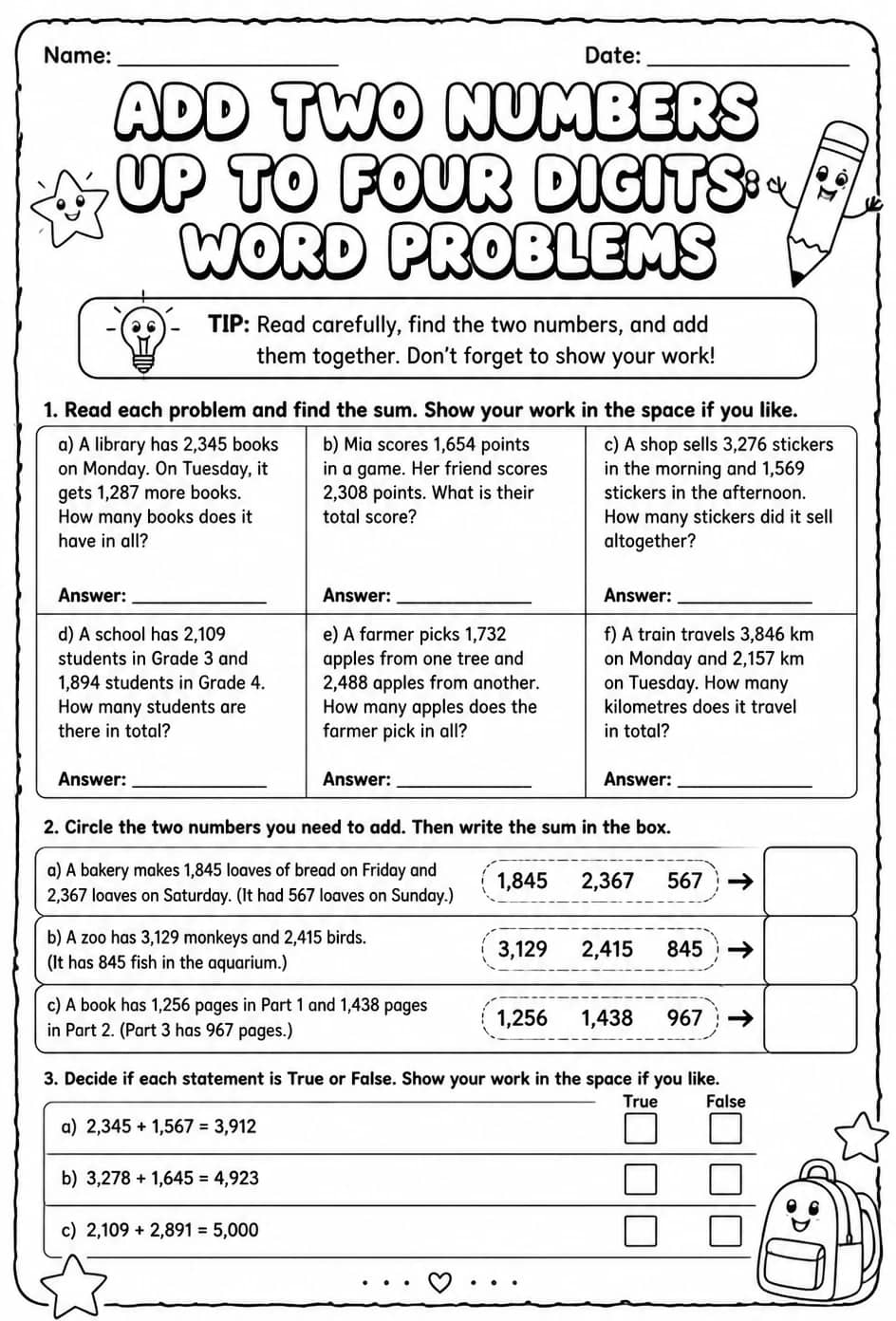 Add two numbers up to four digits: word problems — free printable Grade 3 math worksheet