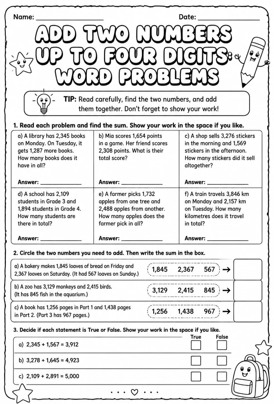 Add two numbers up to four digits: word problems — free printable Grade 3 math worksheet