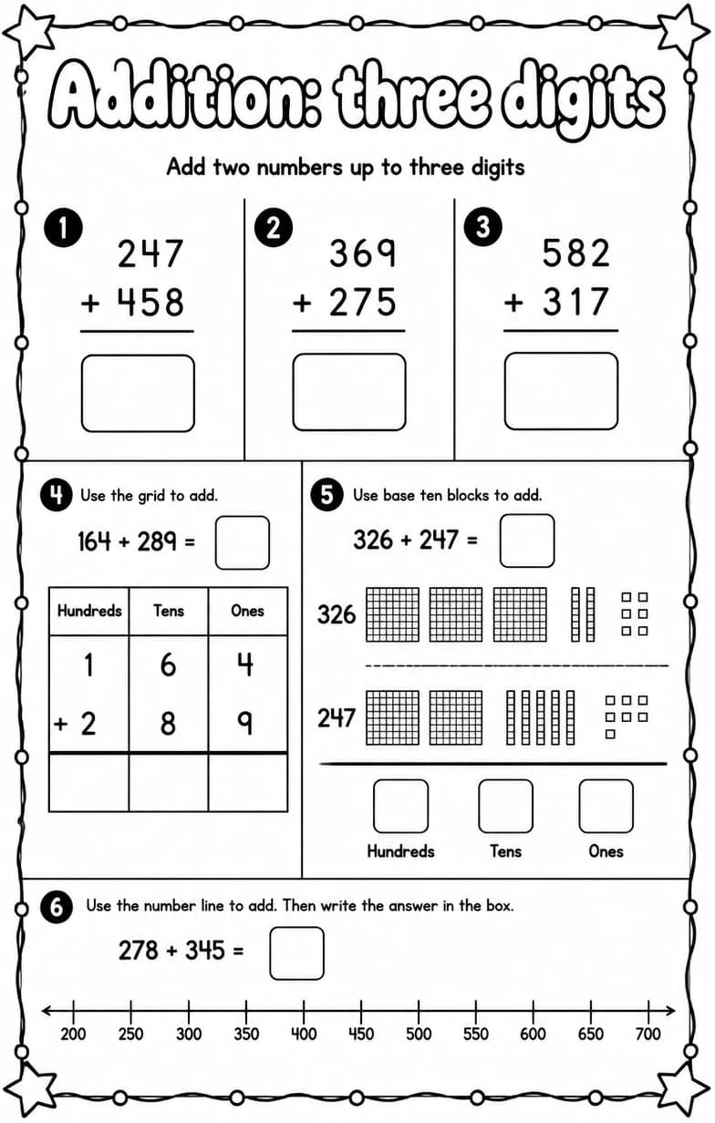 Add two numbers up to three digits — free printable Grade 3 Math worksheet