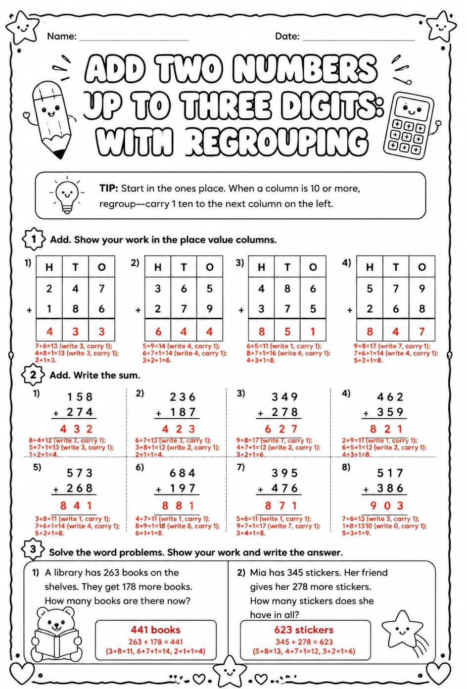 Answer key for Add two numbers up to three digits: with regrouping — free printable Math worksheet