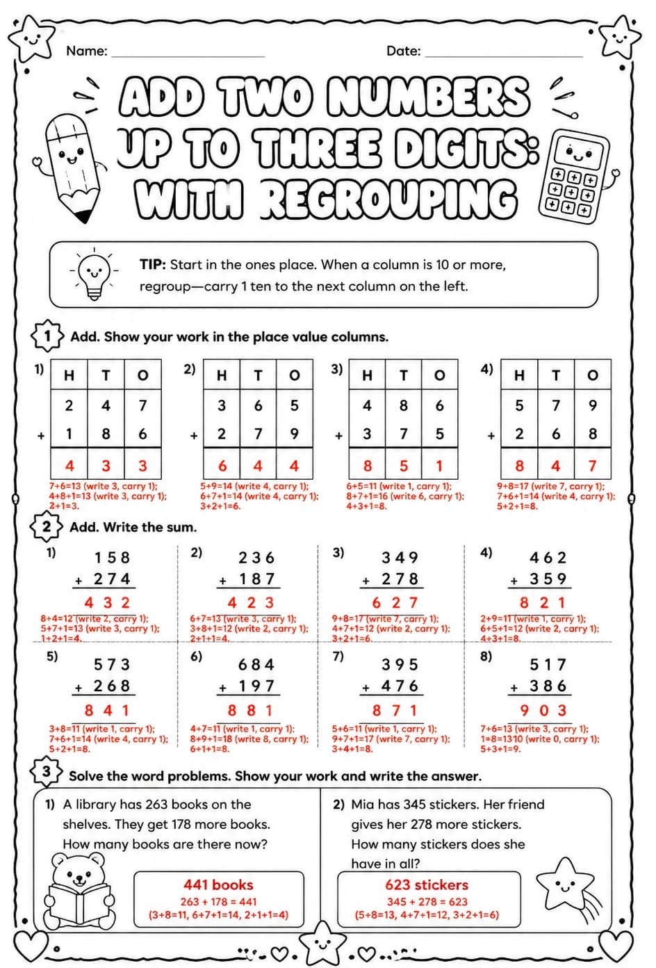 Answer key for Add two numbers up to three digits: with regrouping — free printable Math worksheet